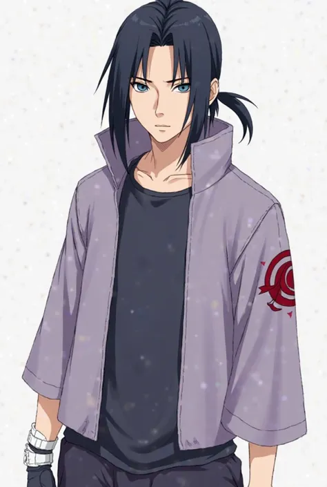 Create a Naruto. His skin that is somewhat brown and white, his eyes slightly elongated and small navy blue, his shoulder-length hair somewhat tied behind, that has the ninja ribbon with the symbol of Konoha, Let your gender be masculine, have a normal nin...