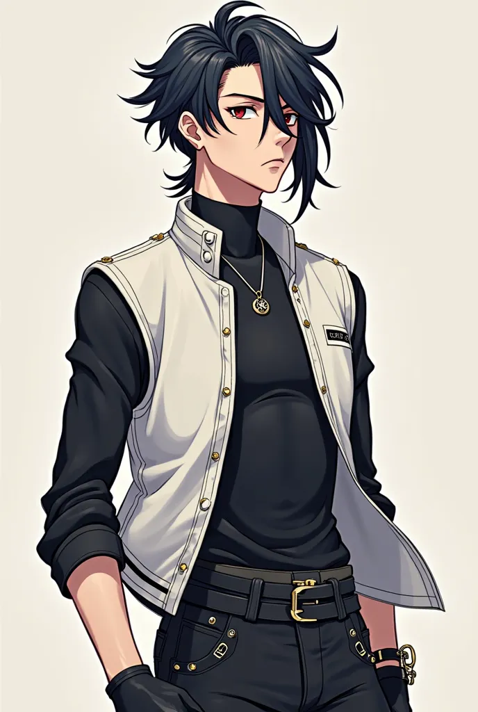  A black-haired man, Undercut cut with long fringe,  half of the body, open white vest, black turtleneck blouse underneath, black pants with bands and black sneakers, In the anime RPG style