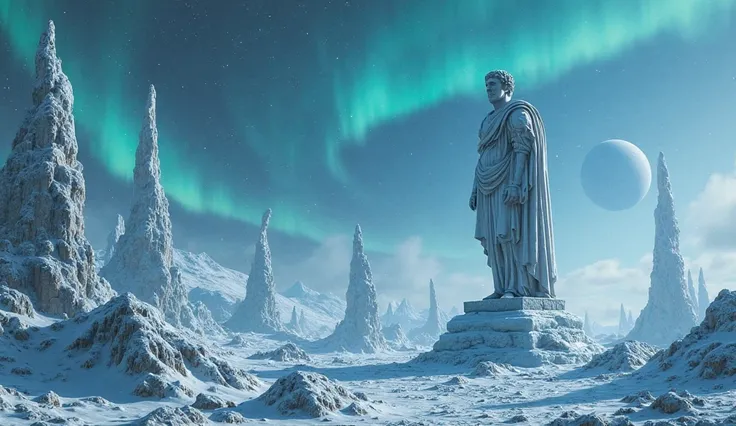 "A gigantic statue of Marcus Aurelius standing on an icy alien planet, surrounded by towering frozen spires. The sky is a deep blue, filled with swirling auroras, and a distant ringed planet looms in the background."