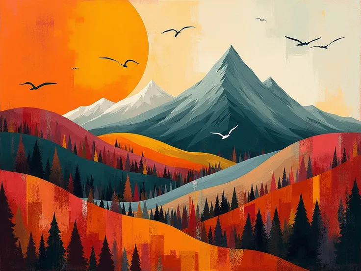 a painting in the modern abstract style, from the White Mountains region, in autumn, with its logos and colorful trees. co 