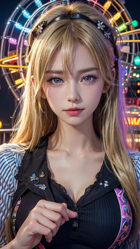 (photo realistic), highly detailed, Award-winning photography, Sharp focus,
A beautiful Scandinavian woman,
extraordinarily beautiful face, blonde, 

At an amusement park at night,
((Rainbow lights illuminate her face)),
a Ferris wheel decorated with color...