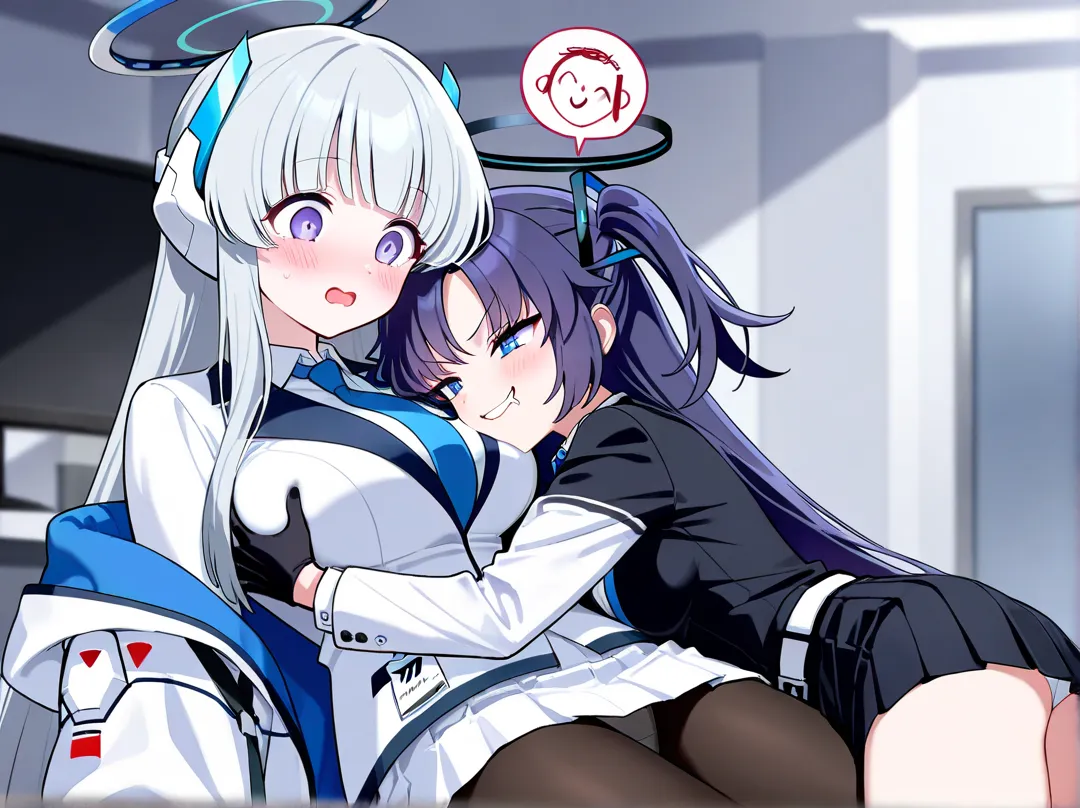  office,Yuri, 2girls,  MULTI GIRLS ,is sitting,looking down,,grab breast,hug, hugs him from behind,blue archive, Yuka, evil grin, v-shaped eyebrows,blue eyes, halo, purple hair, two side up, long hair,blush,drooling,
belt, black gloves, black suit, black s...