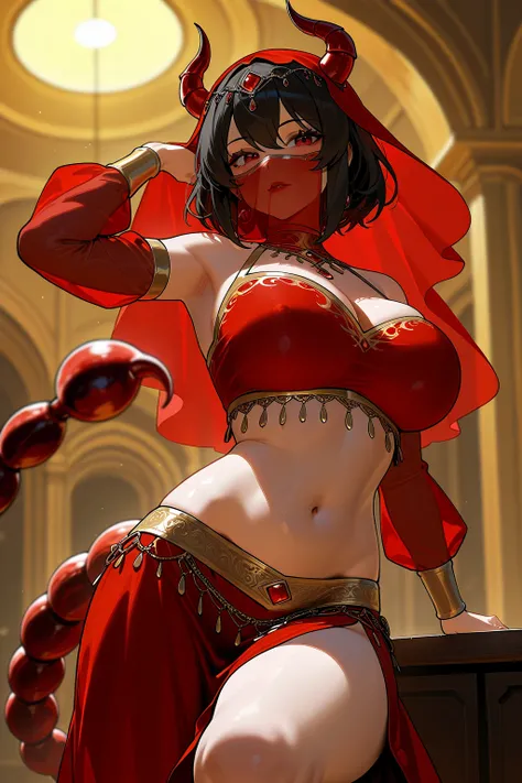 fierce girl, big breasts, scorpion tail, belly dancer, veil, short skirt with embroidery, embellished top, jewelry, scorpion girl, deep neckline, GIANT breasts, red eyes, black hair