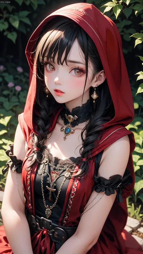 Highest quality, masterpiece,Windblown Hair, Shining Eyes, steampunk style, Light clothing, red clothes, 茶髪 Hair、 Little Red Riding Hood、Hood wearing a hood, is anatomically correct, 