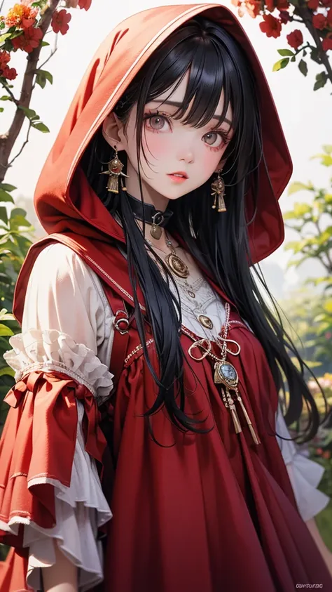 Highest quality, masterpiece,Windblown Hair, Shining Eyes, steampunk style, Light clothing, red clothes, 茶髪 Hair、 Little Red Riding Hood、Hood wearing a hood, is anatomically correct, 