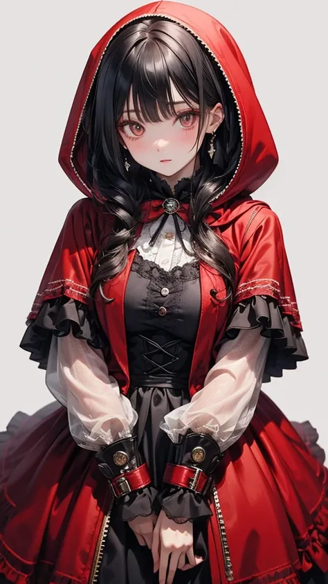 Highest quality, masterpiece, Upper Body, woman, Windblown Hair, Shining Eyes, steampunk style, Light clothing, red clothes, black Hair、Little Red Riding Hood、Hood wearing a hood,  anatomically correct , 