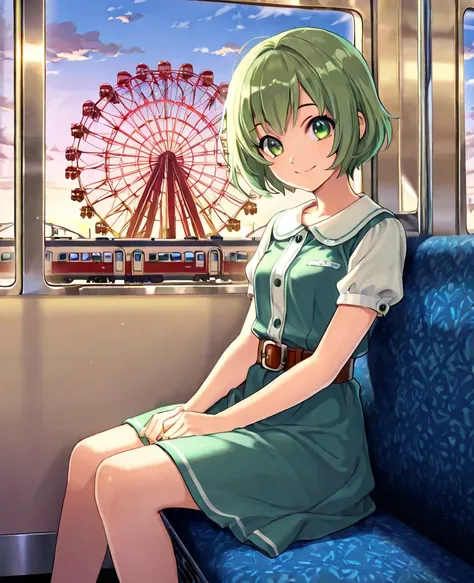 1girl, solo, looking at viewer, smile, short hair, sitting, green eyes, green hair, sky, belt, cloud, window, train interior, ferris wheel