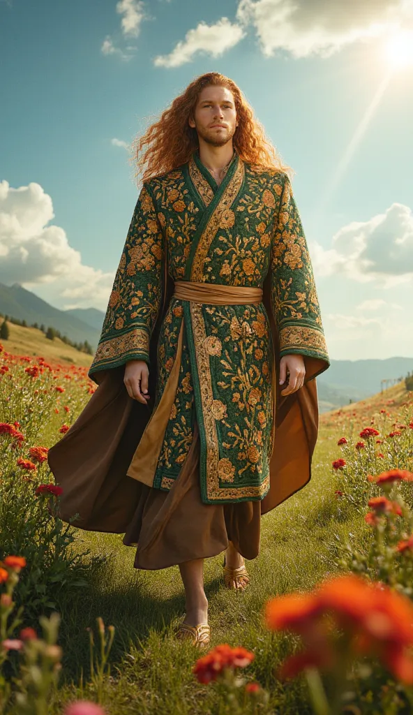 Create a hyper-detailed cinematic portrait of Freyr, the Norse god of fertility, prosperity, and the sun. Depict him as a young, beautiful deity with a calm, radiant demeanor. He has flowing golden hair and warm, sun-kissed skin, with gentle, bright eyes t...