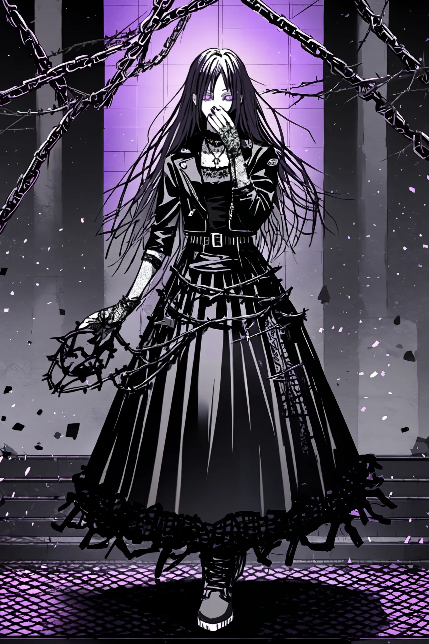 appearance:

Noctura is a 20-year-old girl with an urban Gothic aesthetic.  her hair is long , lace and black with purple tips,  partially covering her face .  Her eyes are an intense violet shade , with a dark outline that gives her a mysterious air. She ...