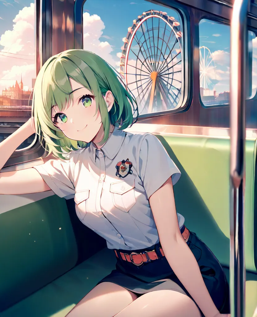 1girl, solo, looking at viewer, smile, short hair, sitting, green eyes, green hair, sky, belt, cloud, window, train interior, ferris wheel