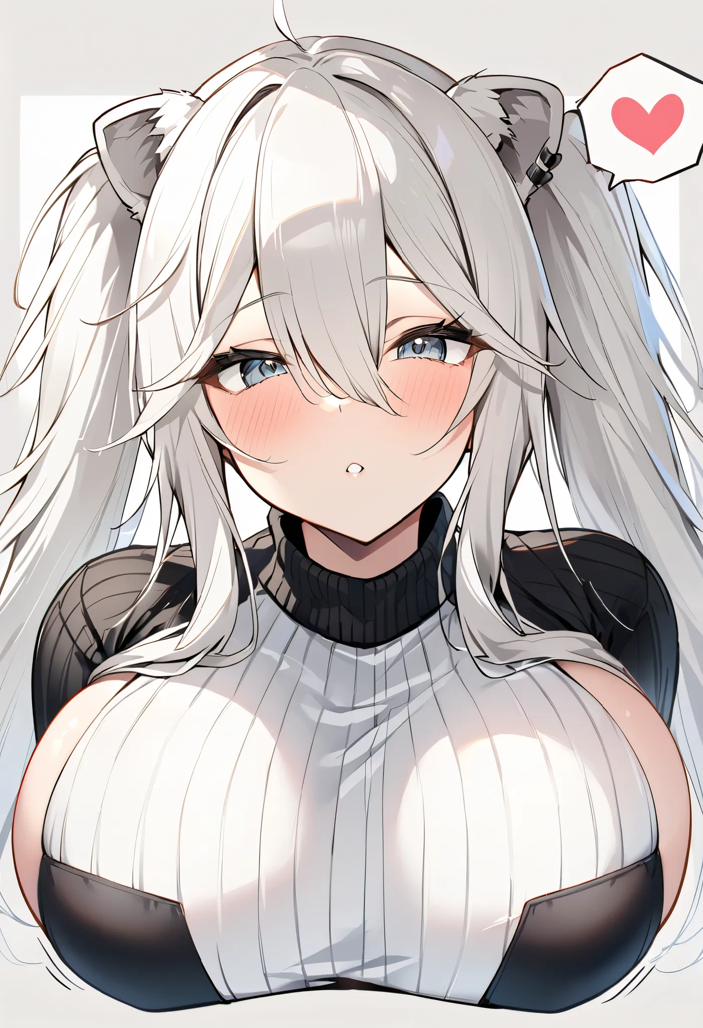 Shishirabotan、Black knitted clothes、Vertical sweater clothes、Black sweater、Huge breasts:1.5、sagging breast:1.5、1girl、portrait、spoken heart、face focus、straight hair、Twin tails、Slightly messy hair、White lion、Vertical white lines on clothes