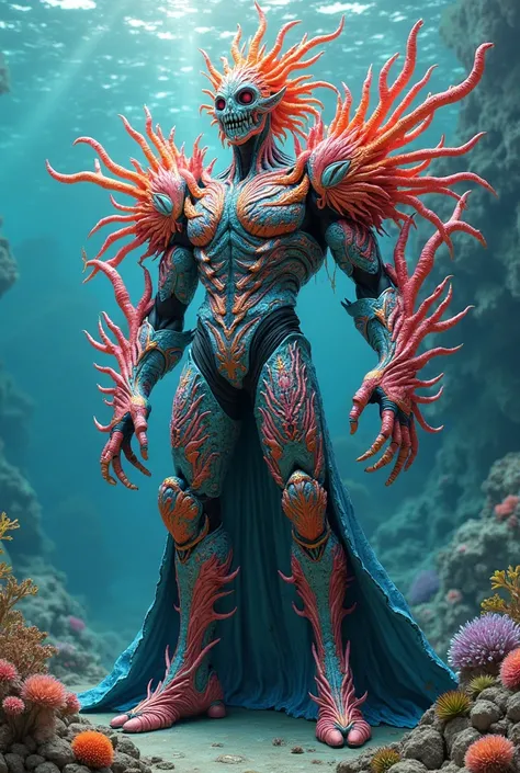 carnival costume that has a coral and reef theme that is masculine and is large , that has armatures , as protector of the sea