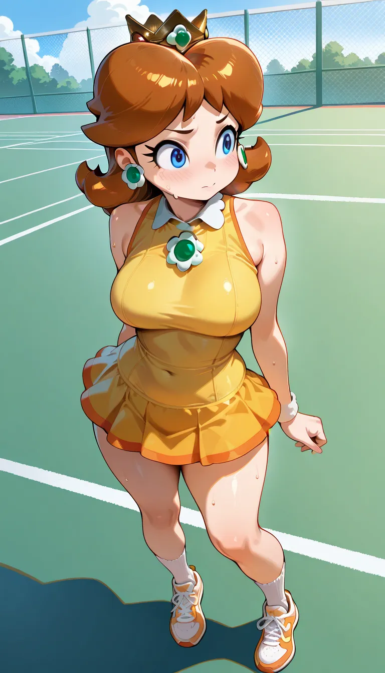 2d, 1girl, princess_daisy, daisy, blue eyes, daisies, tiara, blue eyes, brown hair, earrings, (sleeveless, bar shoulder:1.2), mini skirt, jewelry, thighs, tennis uniform, white socks, sneaker, sweat, 
masterpiece,best quality,amazing quality,very aesthetic...