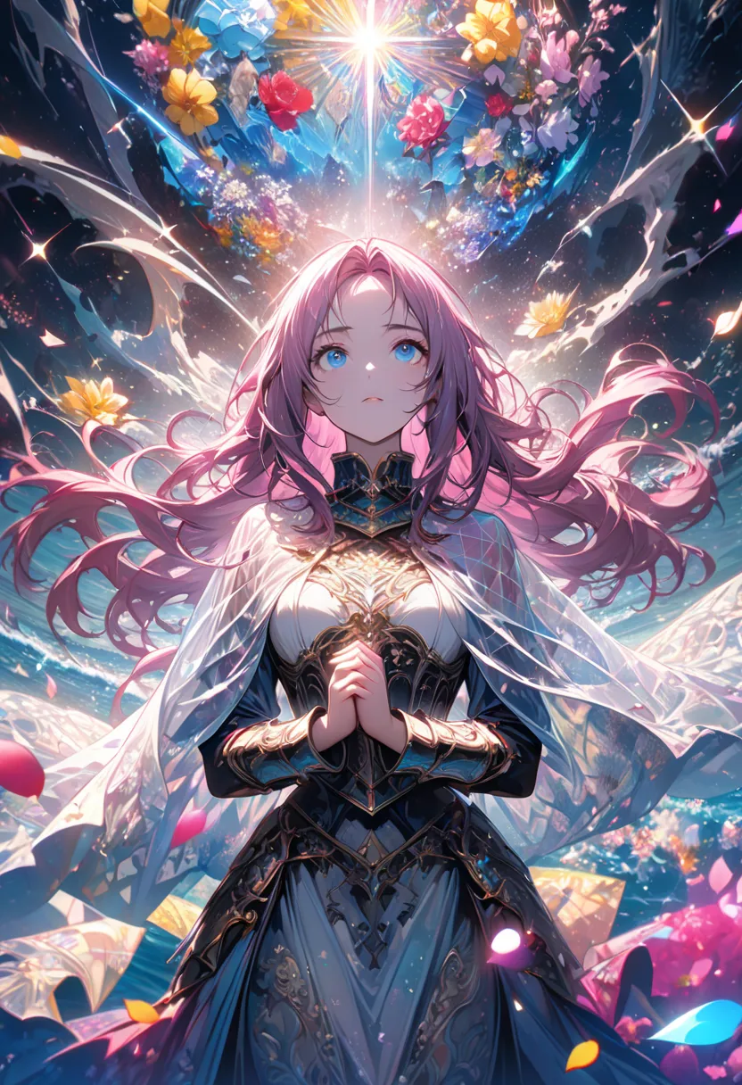 ((Woman, knight, western armor, praying looking up to the sky with a serious face, oppressive style, ocean blue eyes, long hair, dark pink hair, see-through cloak, sea and flowers,))), ((High resolution, ultra-high resolution, kaleidoscopic images, symmetr...