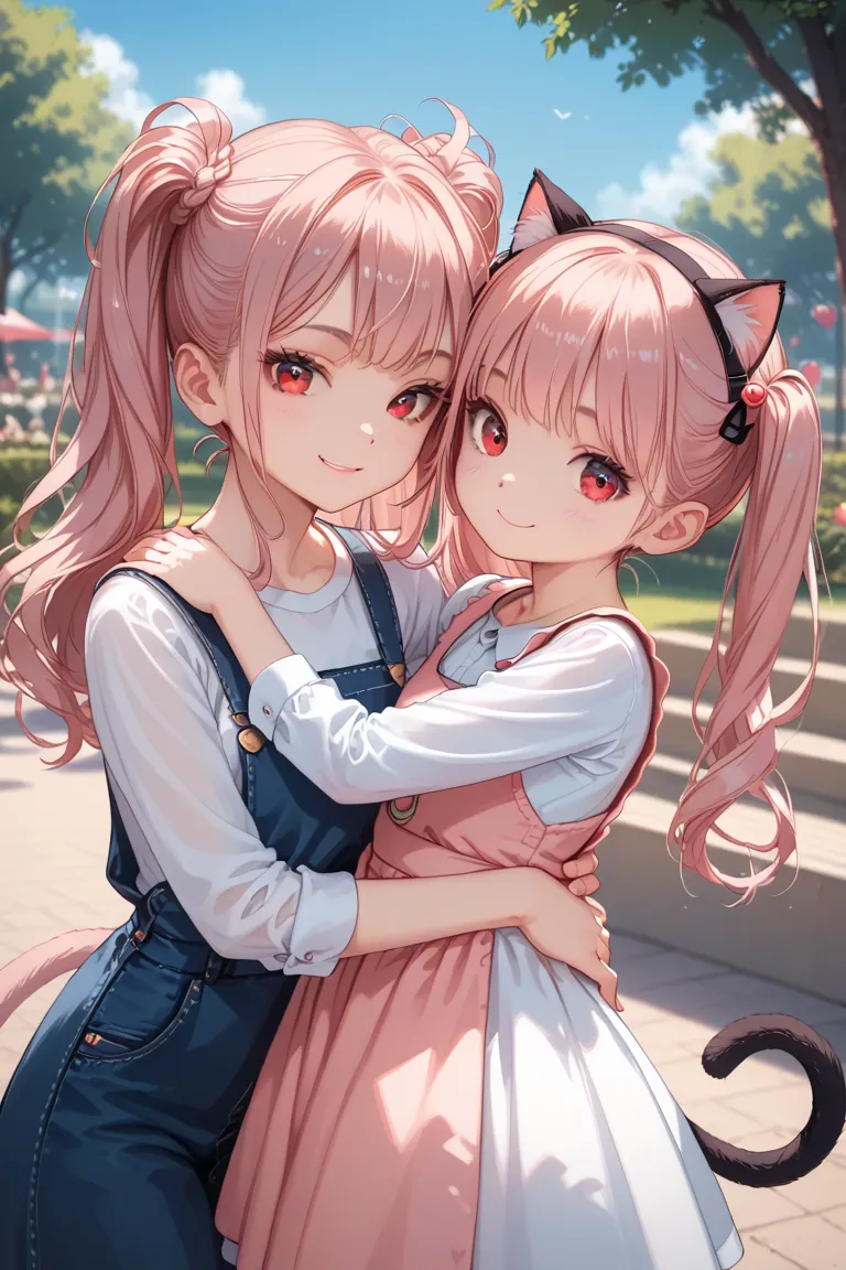 park,(((2girl ,hug))), light pink hair,(twintails, long hair up to waist),red eyes,smile,pinafore dress,(small breasts,cat ears,cat tails,upturned eyes),(((a petite girl))),Realistic Colors and Textures,Best Quality,5 carefully drawn fingers