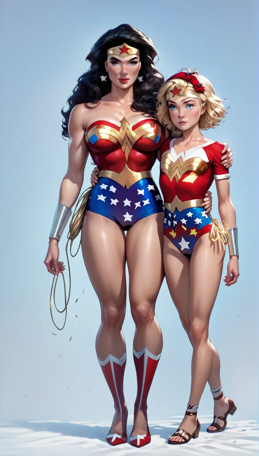 2 girls, clear and detailed face, masterpiece, best quality,  wonder woman anatomy corrected ,  good fingers, perfect Body, full Body view,  beautiful young mother and young  , (very beautiful young woman  ),  young woman standing and holding a small girl ...