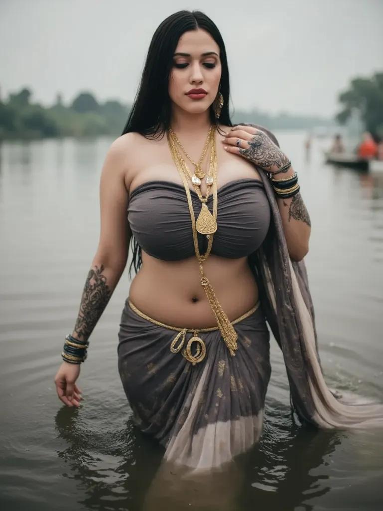 FULL BODY , in MEHANDI HENNA  ON BOTH HANDS AND LEGS, pattern saree,Indian hosewife In Veil , showing her deep showing cleavage inside blouse and big Nose Ring, many bangles in both hands,Earings, Necklace ,dark shade Lipstick ,Navel , bathing in the river...