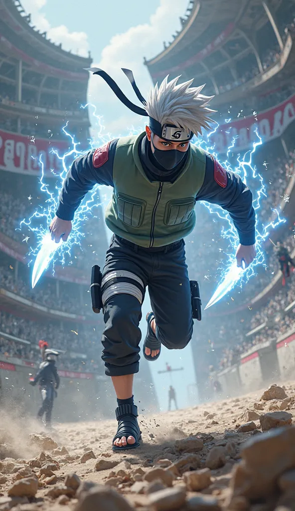 kakashi running with his Raikiri in his hands, like knives, in the background an arena