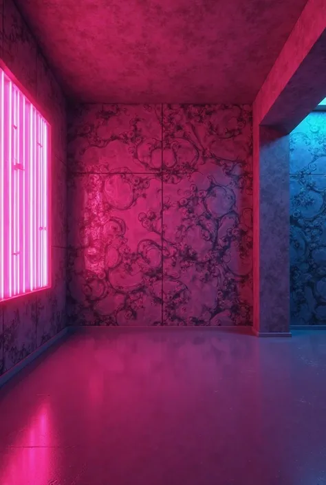 neon club room, with a pink neon on the left side, photo of a wall and detailed