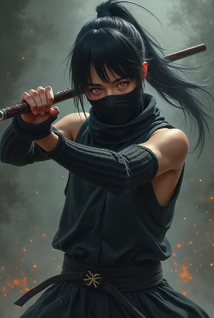 Launch Shuriken, handsome Japanese ninja, cover your mouth with a black cloth, mysterious glowing eyes, ponytail, sleeveless ninja outfit,  knitted long sleeve underwear, 