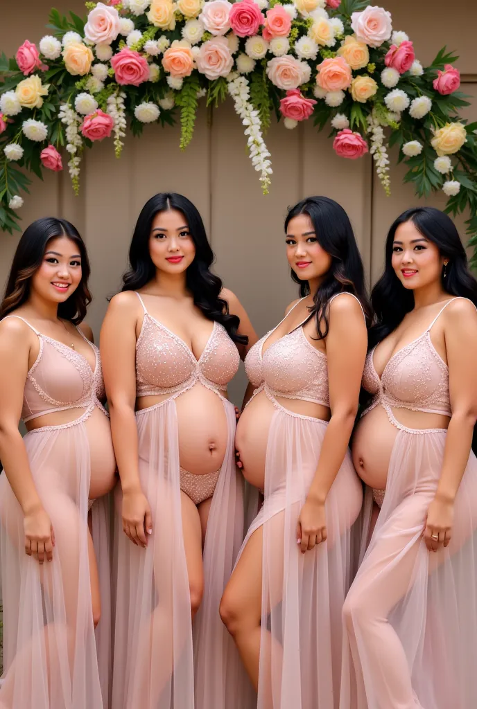 Four high-class elegant 20-year-old, gorgeously chubby, plus-size, curvy, thicc, pregnant, voluptuous Cambodian Miss Universe models; having beautiful long straight black hair, wearing pink erotic sexy transparent glittering tight thin wedding dress and hi...