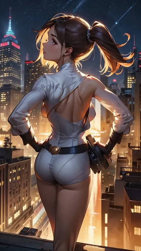 (masterpiece, best quality), intricate details, 8k, art station, wallpaper, official art, splash art, sharp focus,, 1girl, long hair, twin tails, red eyes, brown hair, skyscrapers, night city, buildings, cars, street,    standing tall with her back facing ...