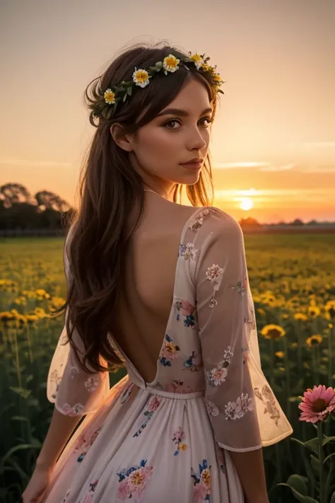 European woman in a flowery dress with a flower crown on her head, she is in a field of flowers, facing the horizon looking at the sunset