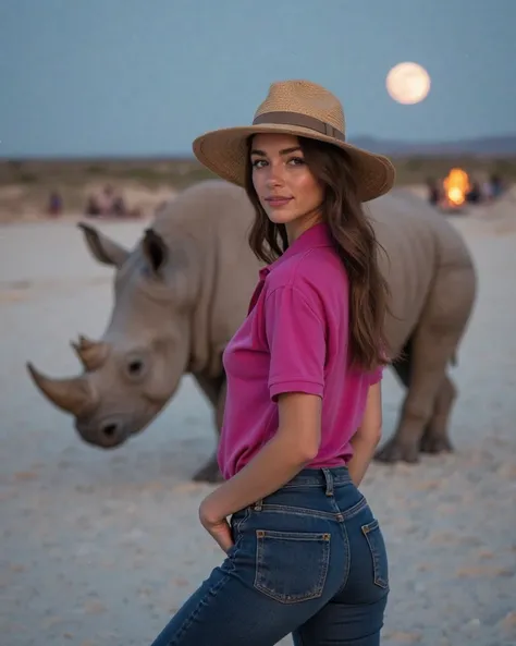 Create a REALISTIC HD 8K PHOTO image, frame where you can see a beautiful brown-haired woman with a hat wearing navy blue denim pants and a fuchsia polo shirt, She has her body on half sides but she turns her face to the camera,  stand out The image is hal...