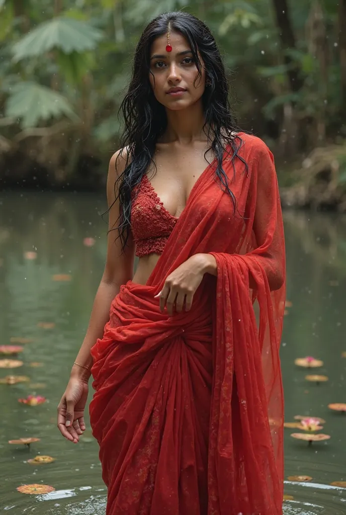  Beautiful cute wet dubai princess sheikha mahra, with thick thighs and a curvy waist,  wearing a red beautiful Indian dress, ((low waist)), ((wet silky hair)), ((wet hair)), ((loose wet hair)), (( beautiful Indian dress)) , bindi on forehead, highly detai...