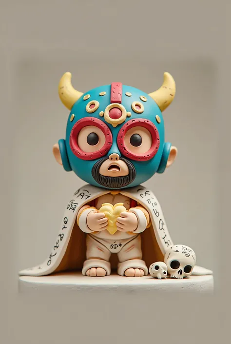  (best quality, cute, well detailed, synthetic and rounded forms a vinyl art toy cute and tender of a masked male wrestler Blue Demon on a catholic saint's body , decorated with skulls, Colors of the mask black and silver, Details Aztec reliefs holding a f...