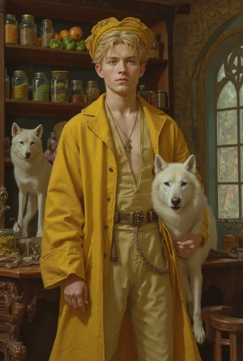 rompts Copy ((fullbody))in jc leyendecker and paul cadmus art style, "the healer", fullbody, close up big blonde wolf, perfect anatomy, the merchant, shelves with HERBS, FRUITS, LITTLE BOXES, VEGETABLES, GRAINS, DUMBBELLS , reach intricate background LARGE...