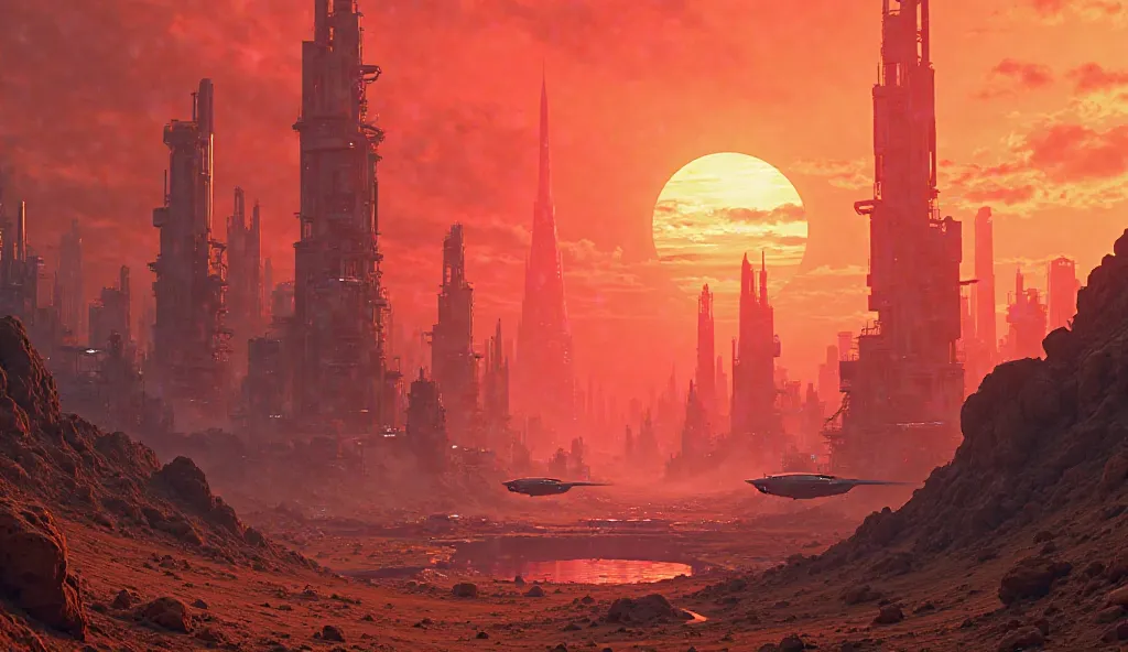 Futuristic city on an extreme planet, Red sky a desert. 