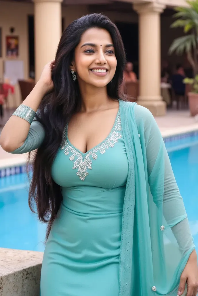 Closeup realistic photo portrait(from head to bottom) of beautiful Kajol in kurti ( sexy), she is in a swimming pool  area in India, laughing, her right hand is on her  while her left hand is on her hair,  navel and sexy hot deep cleavage and sexy hot, mak...