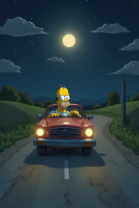 Create an image of Homer Simpson driving through a calm, dark night, He drives sleepy and breezy under the setting 