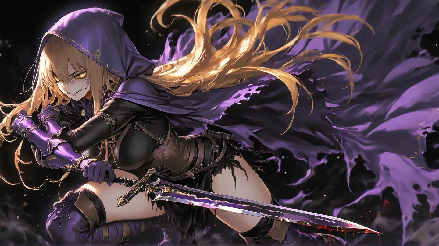  an HD scene female 30 year old with long blond hair and gold eyes wearing medieval purple gauntlets and boots and a black shirt with a purple hood over her face and a long purple ripped cape with a psycho sinister smirk while holding a dagger and covered ...