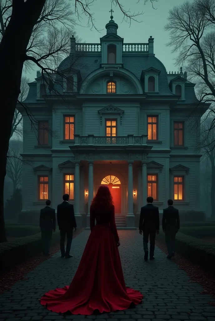 A Russian mansion, very dark, that looks elegant but that from that aura of terror and mystery, you can see 5 male shadows and a female one about to enter the grand mansion, all red-haired well-dressed 
