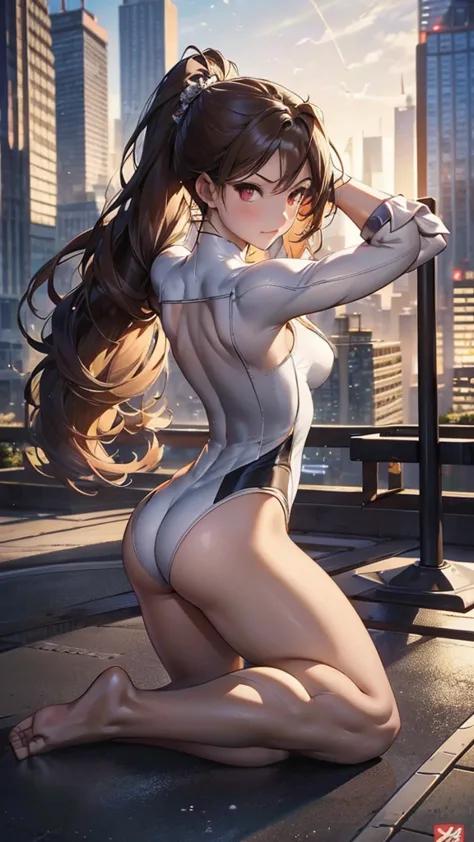 (masterpiece, best quality), intricate details, 8k, art station, wallpaper, official art, splash art, sharp focus,, 1girl, long hair, twin tails, red eyes, brown hair, skyscrapers, night city, buildings, cars, street,     lying on the ground with her back ...