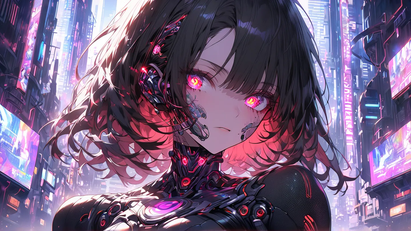 Cyberpunk anime artwork, ultra-detailed, high-quality, masterpiece. A close-up of a young cyborg girl with black hair, glowing red cybernetic eyes filled with intricate digital patterns, and mechanical implants partially covering her face. Her expression i...