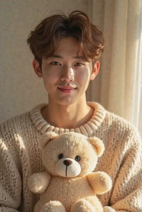 The concept photo captures a soft, aesthetic with the male kpop idol bathed in soft lighting, dressed in an oversized knit sweater that adds to his innocent charm. His bright eyes sparkle as he holds a small stuffed bear, a gentle smile playing on his lips...