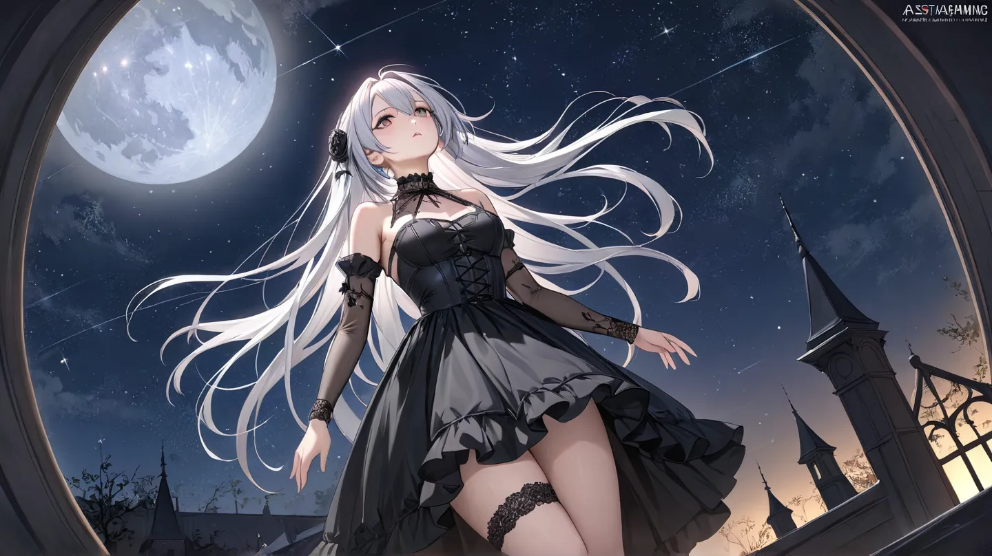 (Best Quality,  masterpiece,  super precise, High Resolution), 8k,  Anatomically Accurate Body , Nightcore, black dress,  Gothic Maiden anime girl , White-haired goddess, beautiful charming anime woman, Stargazing, Look up, full body,  from below, 