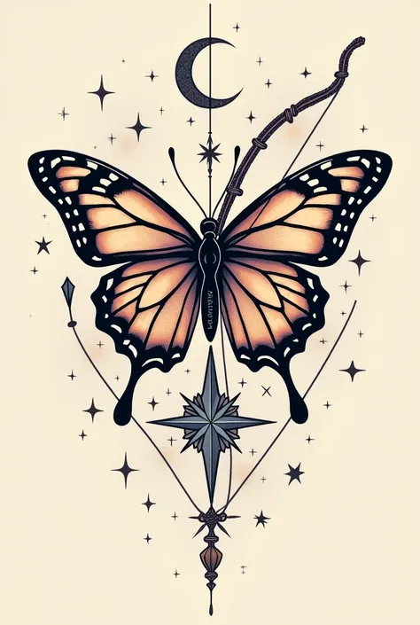 A tattoo
Butterfly bow and arrow with some stars, Luna and with a phrase that says Metanoia