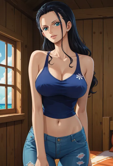 Masterpiece, 8k quality, extremely detailed, Nico robin, one piece, , cabin bedroom background, big breasts, tank top, jeans