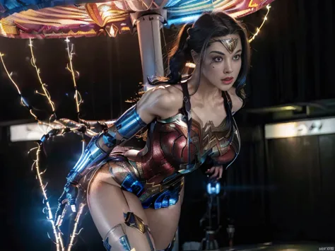 (((Wonder Woman サイバーダインシステムズ T-800 モデル 101 は女性アンドロイドまたはロボットです))),(((Long black hair and cybernetic parts are attached to the body))),(((Robotic arms and legs))),(((Fluorescent wires and parts are attached to the body)))(((Wonder Woman))),(((UFO Alien Invas...