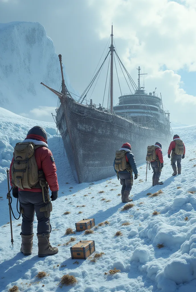 Explorers find an ancient ship in Antarctica full of treasures and chests of gold and precious stones scattered and frozen 