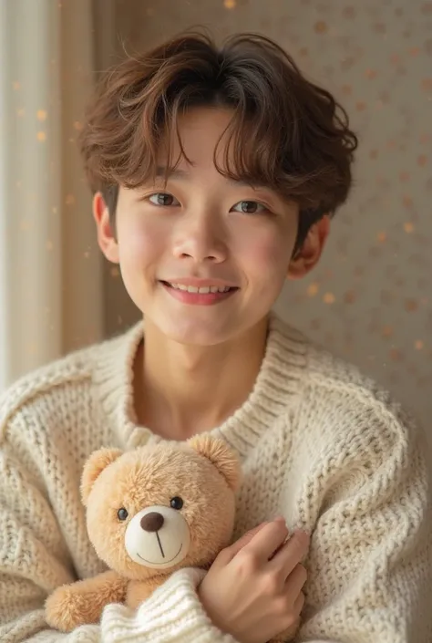 The concept photo captures a soft, aesthetic with the Korean kpop idol bathed in soft lighting, dressed in an oversized knit sweater that adds to his innocent charm. His bright eyes sparkle as he holds a small stuffed bear, a gentle smile playing on his li...