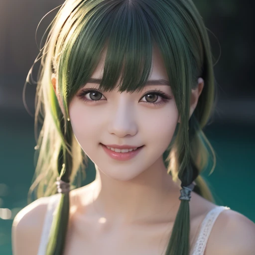  1 girl, Alone,  hair ornament ,  green hair,  Twin Tails,  long hair,  dress, water,, Mid-range portrait photography  dark fantasy background , Charming grin.,  ultra-realistic and highly detailed intricate photorealistic analog style photography Sharp fo...