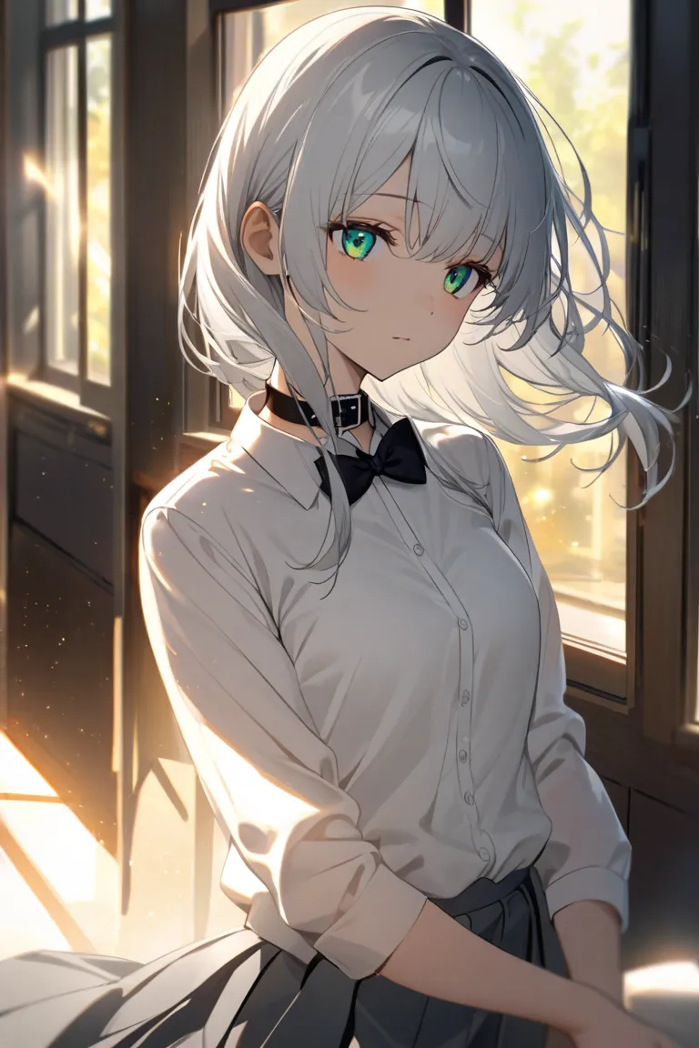 An elegant and beautiful school girl with long white hair and emerald green eyes. Wearing a white shirt with a small black bow on the collar and gray skirt.