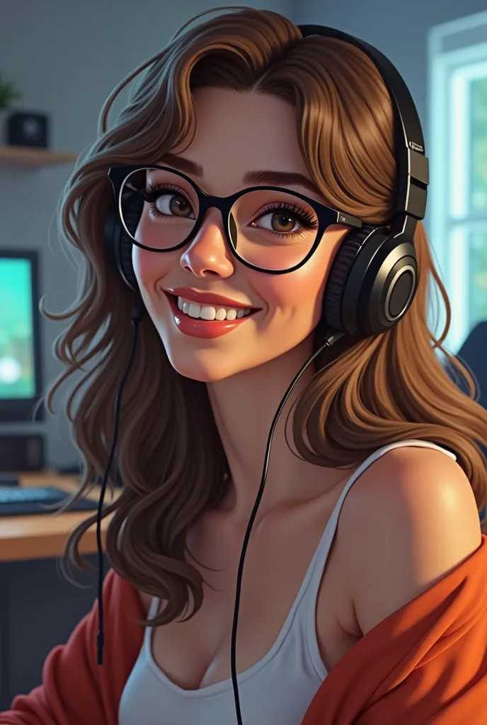 ISFP Twitch streamer Italian American woman, glasses, gamer, brown hair, brown eyes, Character Design, simple background, Unreal Engine