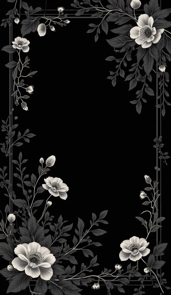 A black canvas with Japanese floral art. The flowers and lines should be in shades of #404040 and white. All the designs must be very minimalist. The idea is to create a background where I will overlay a video without drawing attention away from the video....