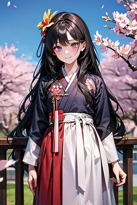 (((sinblorashy))), (((black long hair))), purple eyes,((Hanbok1.5))), hanbok, surpassing, best aesthetic , new, recent, best quality, masterpiece, Free Sex), masterpiece,  1girl  , Alone, sky, flower, Cherry Blossom,, Plum Blossom , lily, eautiful Body, Hi...